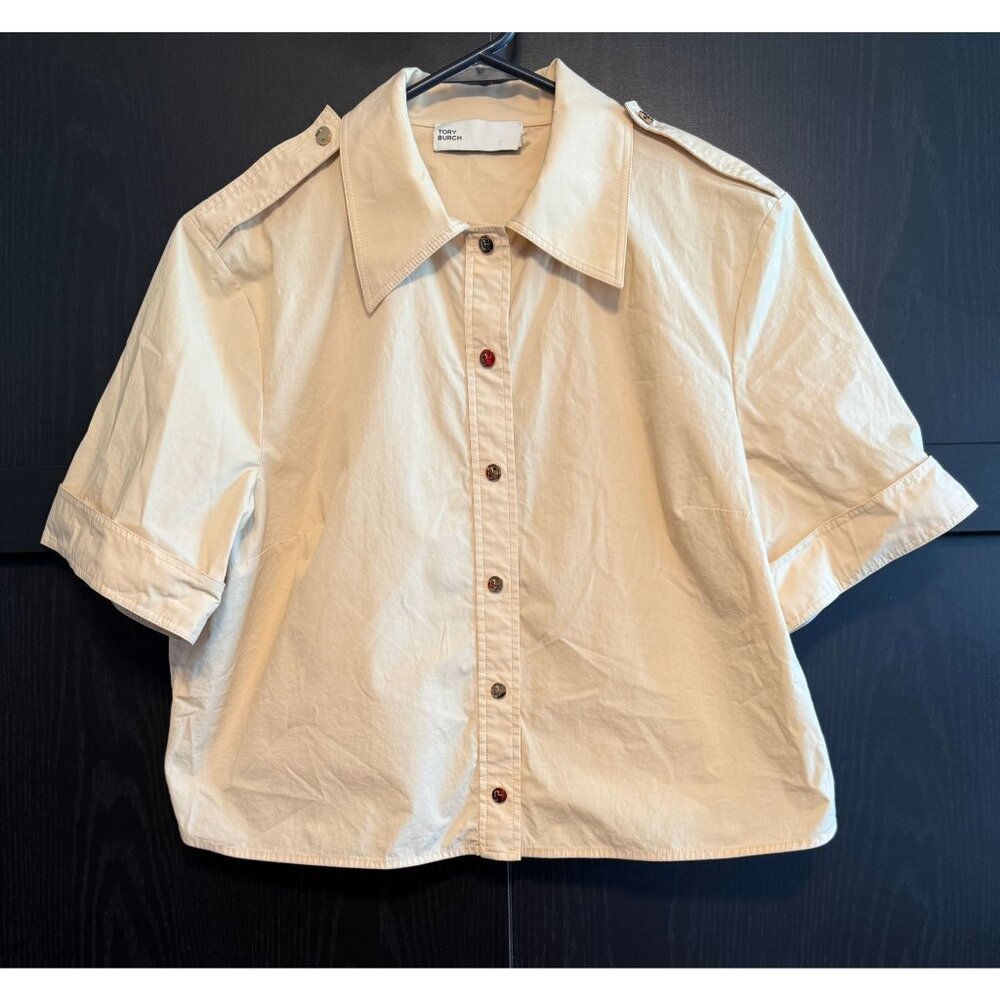 Tory Burch Cotton Poplin Collared Boxy Shirt Size 8 Khaki Short Sleeves Preppy